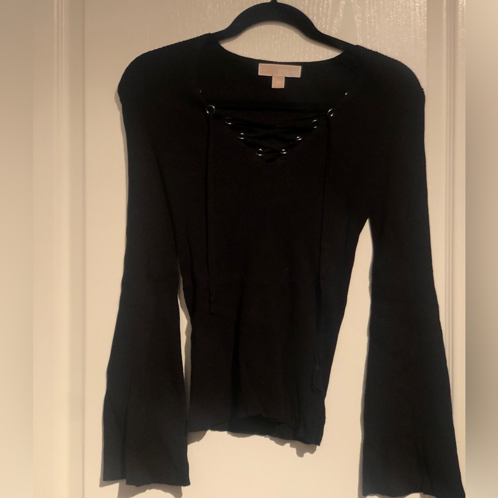 Michael Kors Lace Up Ribbed Knit Sweater Long-sleeve
